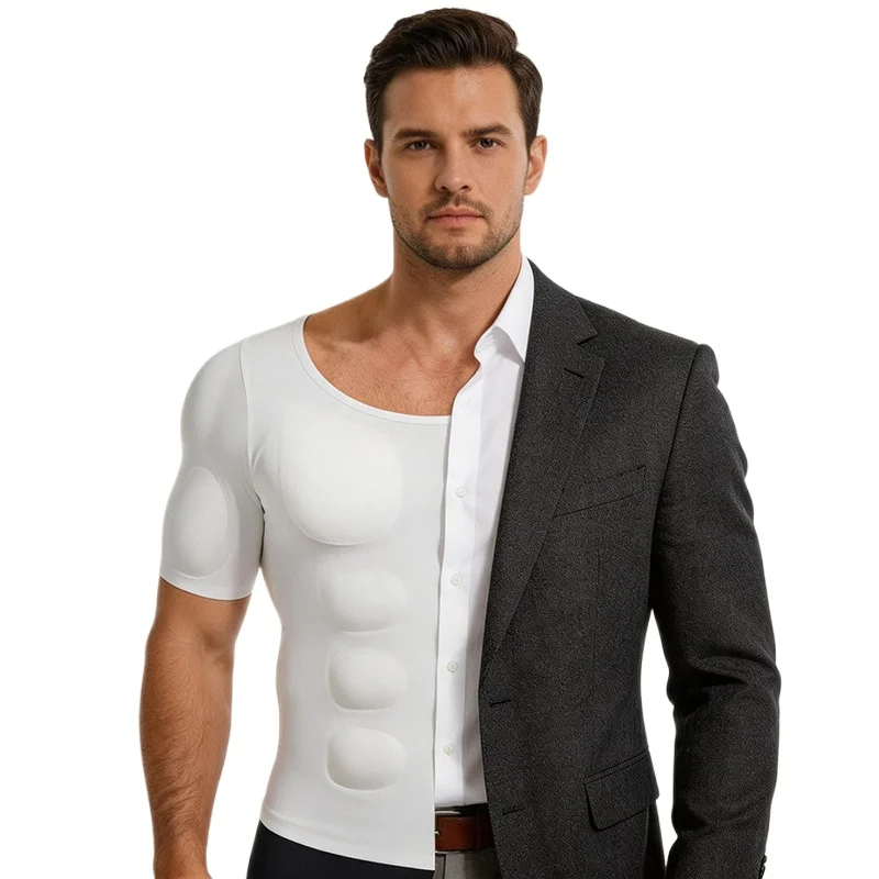 

Men Fake Padded Pectoral Muscles Shapers Muscle Gain Imitation Shortsleeve T-Shirts Muscular Man Cosplay Base Layer Lingeries