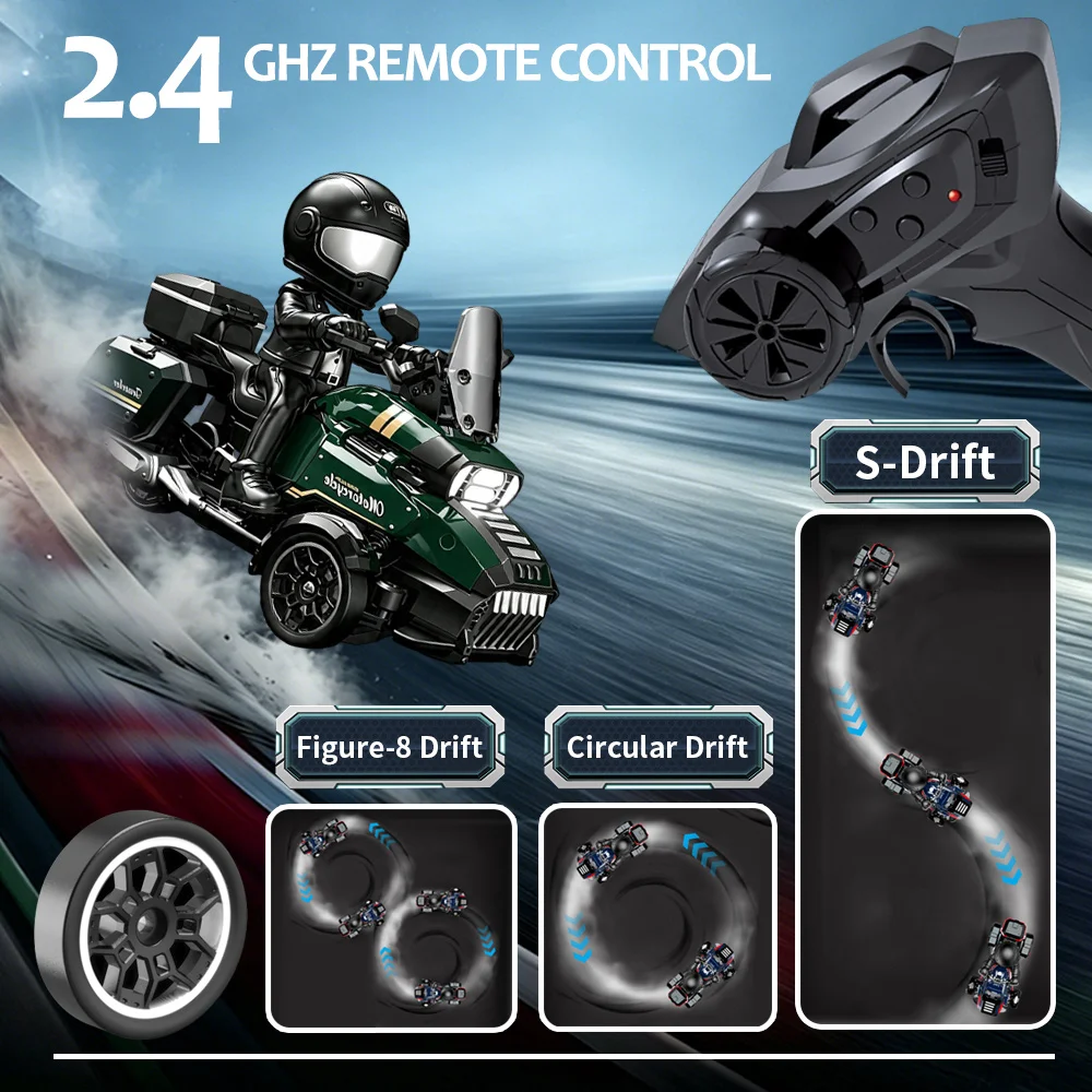 1:43 Scale RC Drift Motorcycle, 3-Wheel Remote Control Stunt Motorbike with 1 Rider Figure