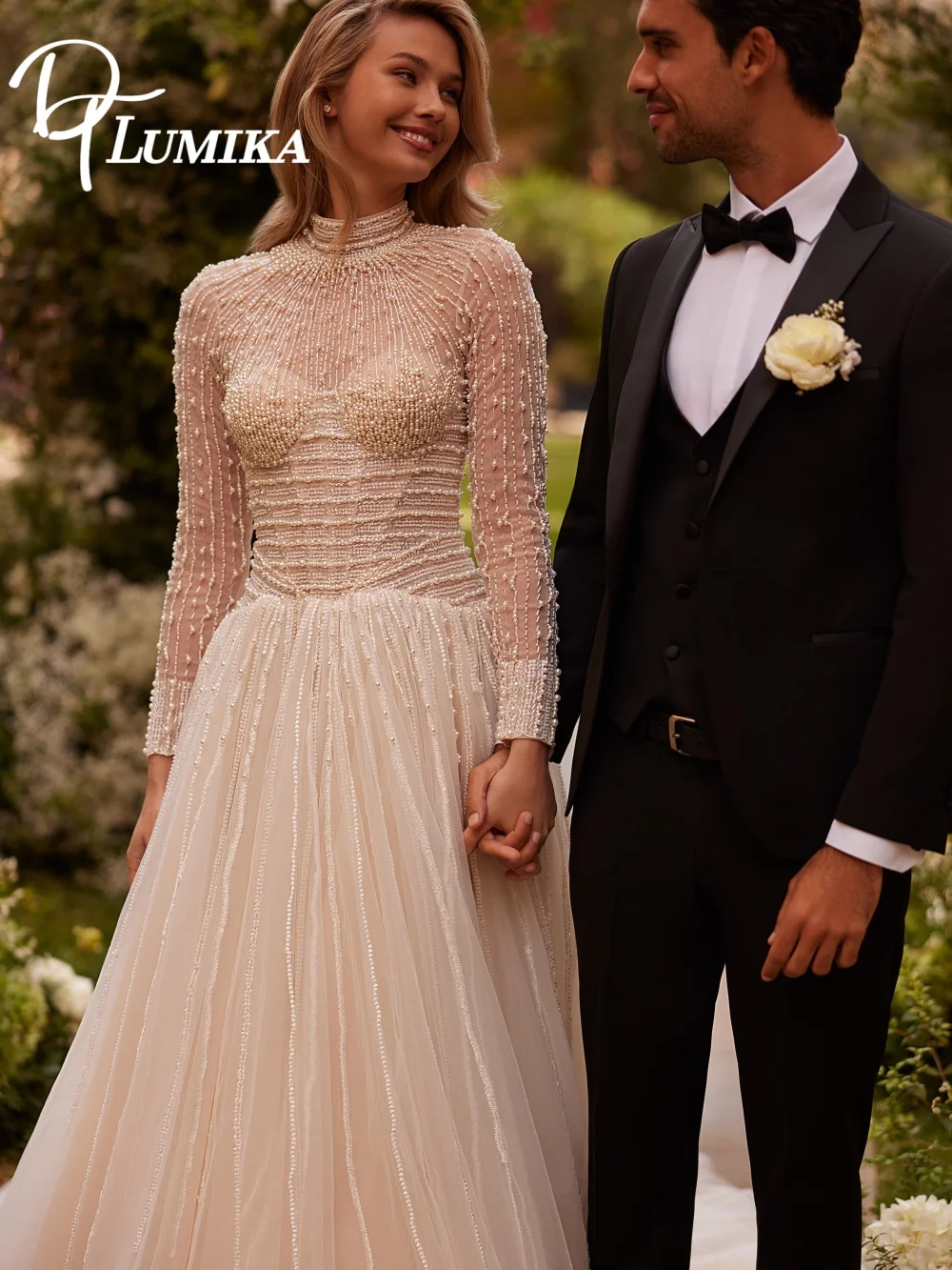 Luxurious Pearl Wedding Dress 2026 Classic Long-Sleeved Church Bridal Gown Graceful A-Line Tulle Floor-Length Dress Customized