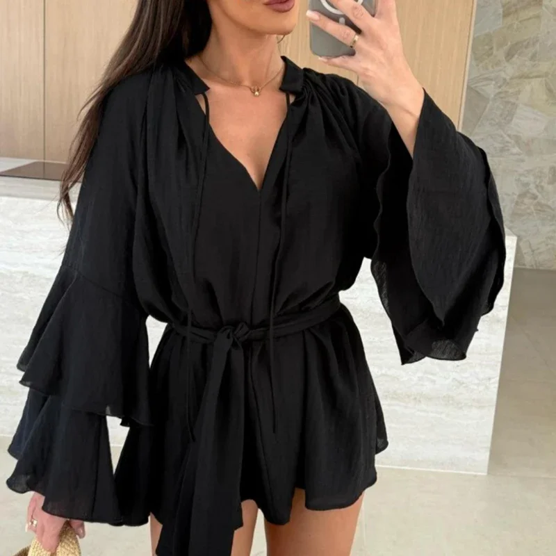 Sexy Deep V Lace Up Solid Color Women\'s Dress Spring Summer Ruffle Loose Mini Dress Casual Flare Sleeve Holiday Dresses Vestidos