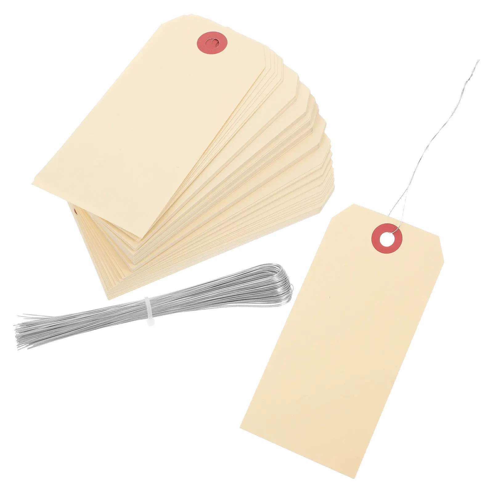 100Pcs Blank Manila Tags with Wire Cable Tie Attached Shipping Packaging Labels Durable Kraft Paper Wired Tag for Mailing