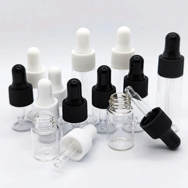 50pcs Mini Glass Dropper Bottles 1ml 2ml 3ml 5ml White Cap Refillable Empty Essential Oil Bottles for Massage Pipette Bottles