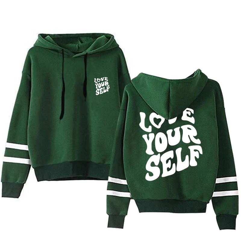 Offres spéciales sweats à capuche femmes sweats Love Yourself imprimer polyvalent rayure pulls Jogging sport vêtements décontracté femme sweats à capuche