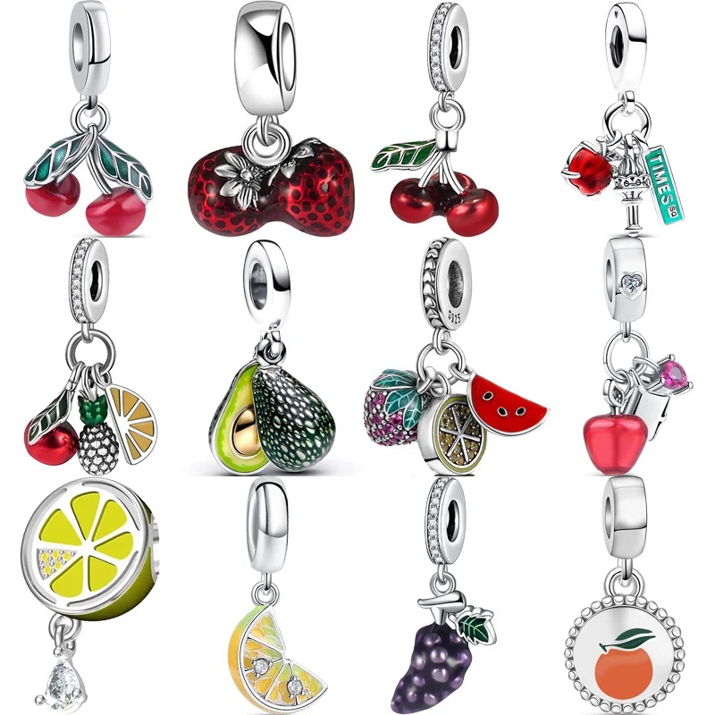 New 925 Silver Strawberry Lemon Grape Apple Cherry Avocado Double Dangle Charm Fruit Beads Fit Original Pandora Bracelet Jewelry