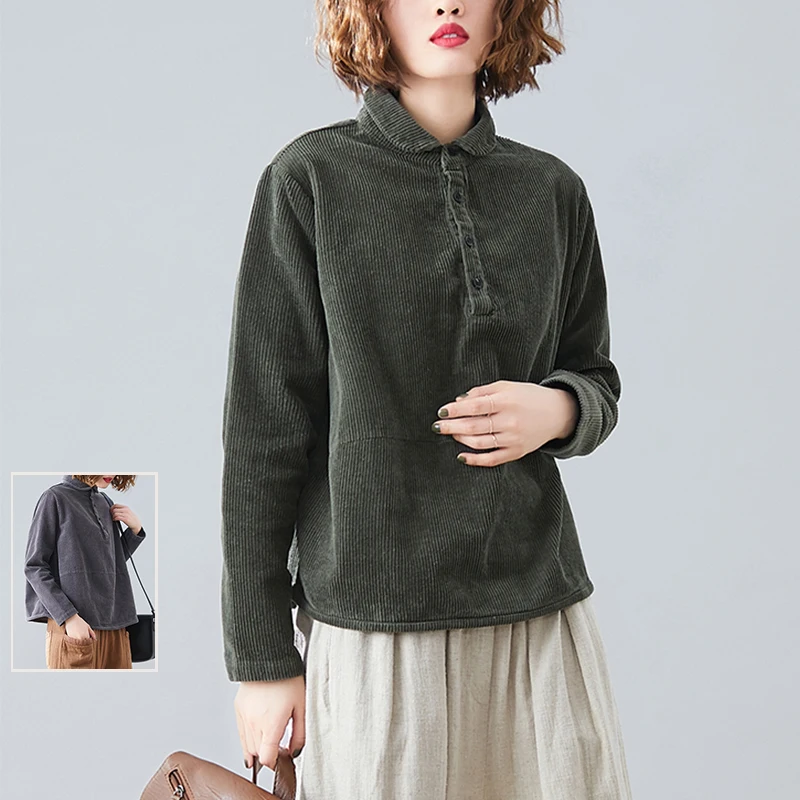 Herbst Winter Casual Reine Farbe Cord Lange Sve irt Jaet plus Größe frauen Kleinen Kragen Casual Vielseitig Overhead top