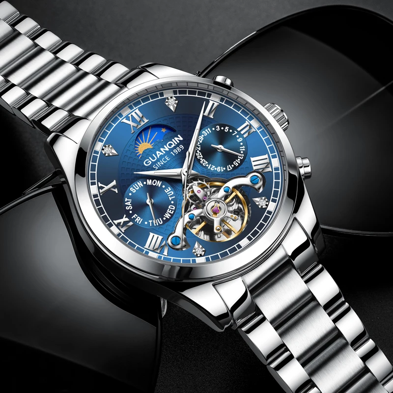 GUANQIN Automatic Mechanical Watch Men Luxury 42MM Dial Tourbillon Stainless Steel Business Leisure 30M Waterproof Watches