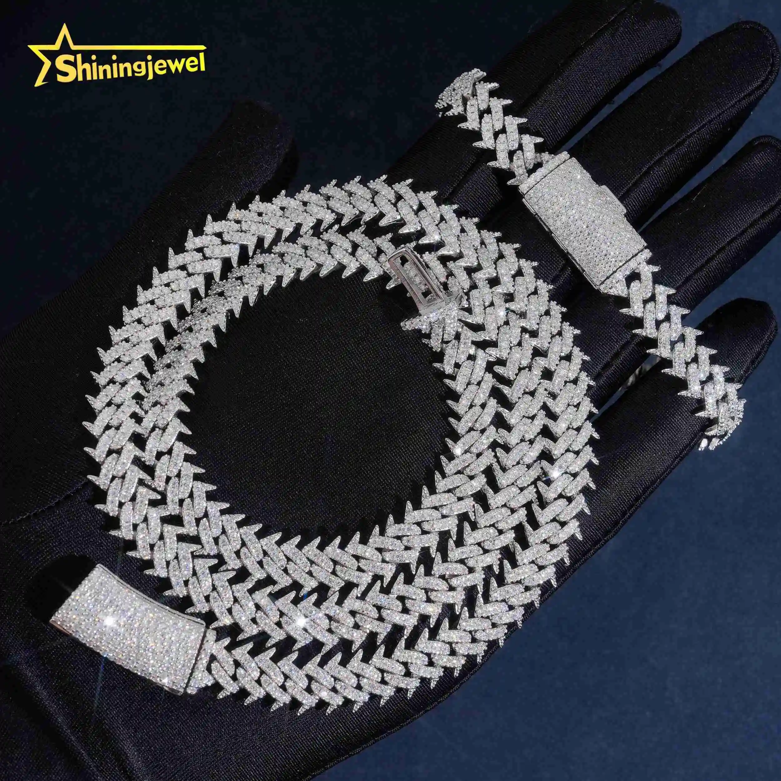 2 10mm Rows Thorn Design Solid 925 Sterling Silver Iced Out Moissanite Diamond Cuban Link Chain Hip Hop Jewelry Men Necklace.