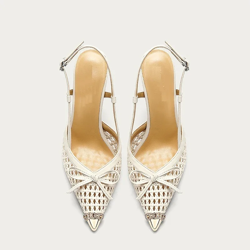 

Women's Weave Hollowed Out Stiletto Heels Sandals 2026 Summer Lady Elegant Pointed Toe Slingback Female Bow Decorated Sandals