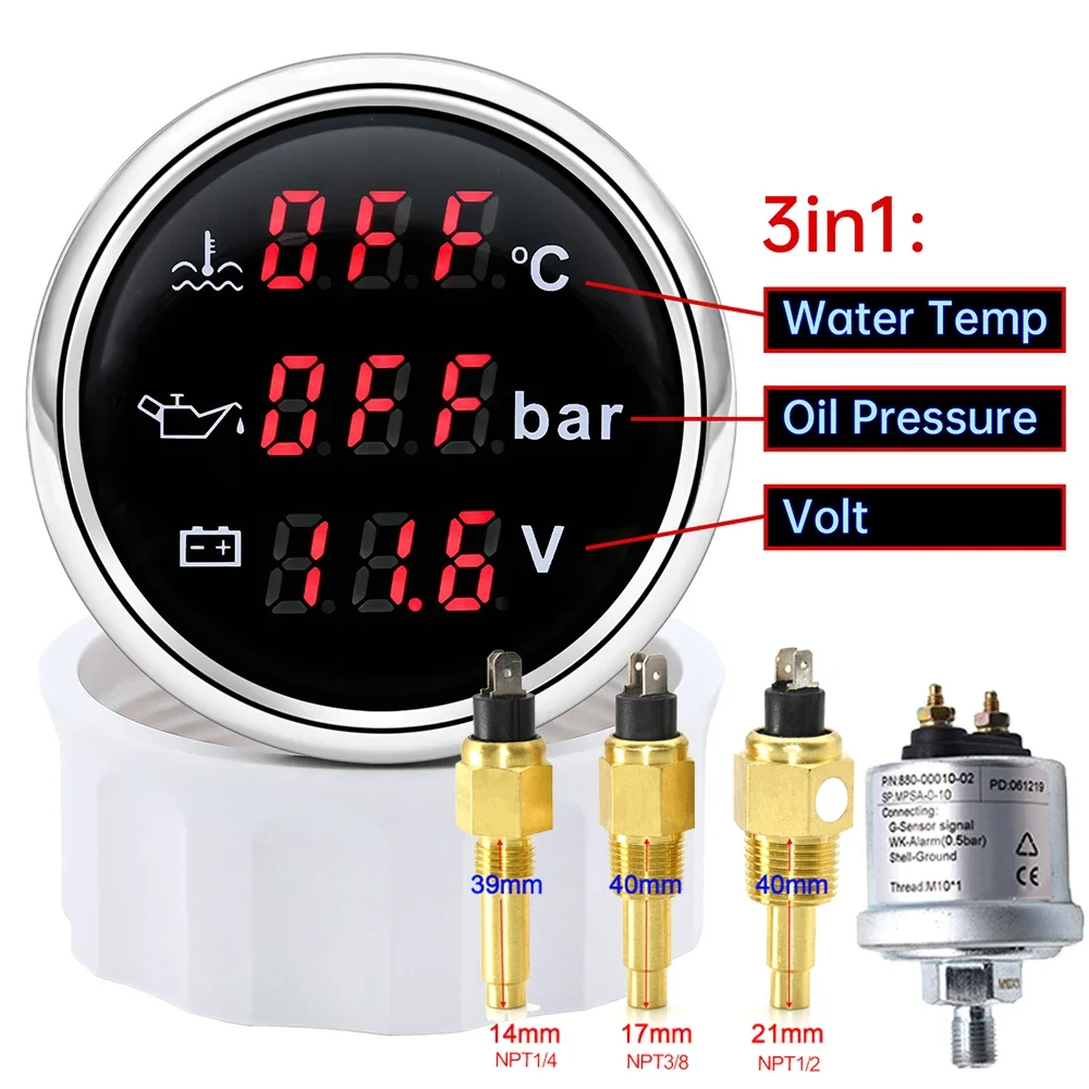 

3 In 1 Digital Multi-Function Gauge Waterproof Boat Instruments Water Tempe Fuel Level Gauge Oil Pressure Voltage for Car Boat