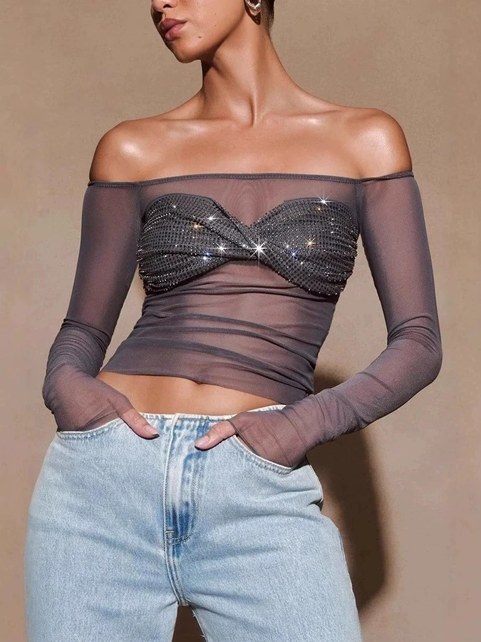 

Sexy See Through Mesh T-shirt Women Solid Color Sequin Off Shoulder Long Sleeve Ruched T-shirts Female Skinny Casual Streetwear