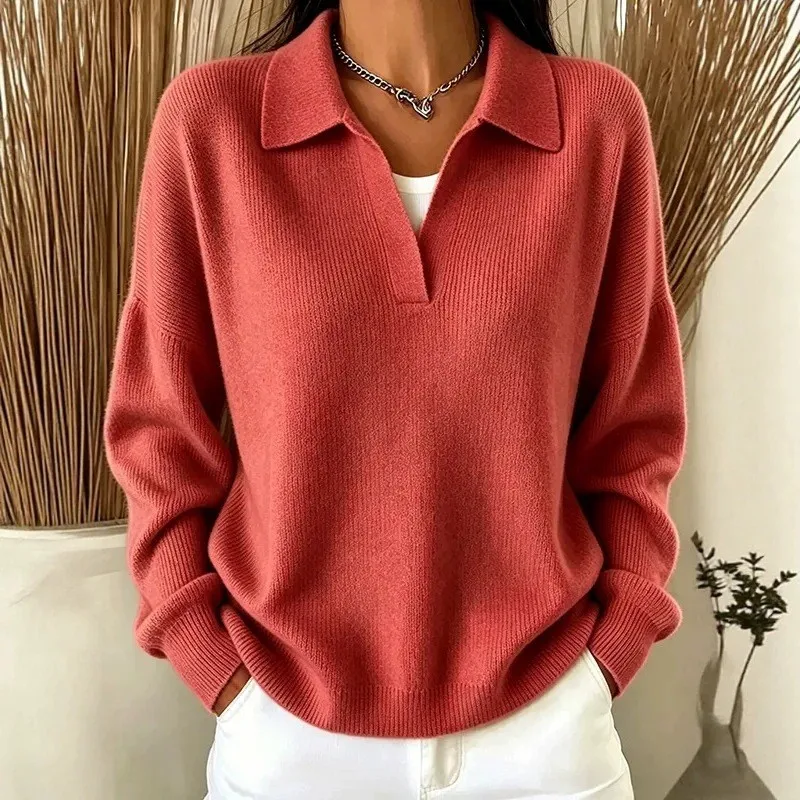 Mid Length Long Sleeve Sweater Regular Fit Elegant with Polo Collar Graceful Elegant Regular Sleeve Autumn Women Sweater