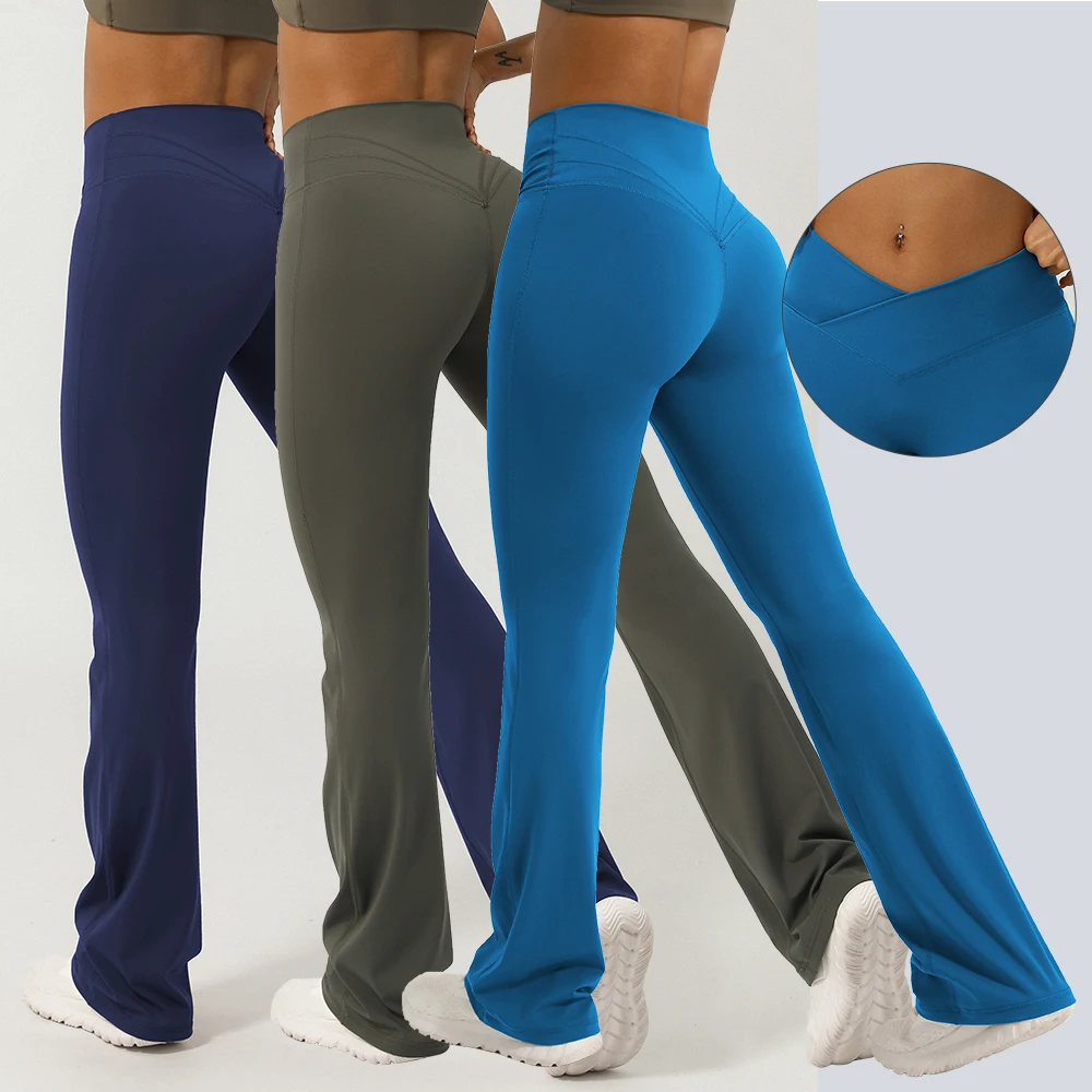 V-Cross Fitness Flare Pants Lifting Buttocks Cross Waist Yoga Sport Leggings Gym Outdoor Acticewear Workout Wide-Leg Pants image 5