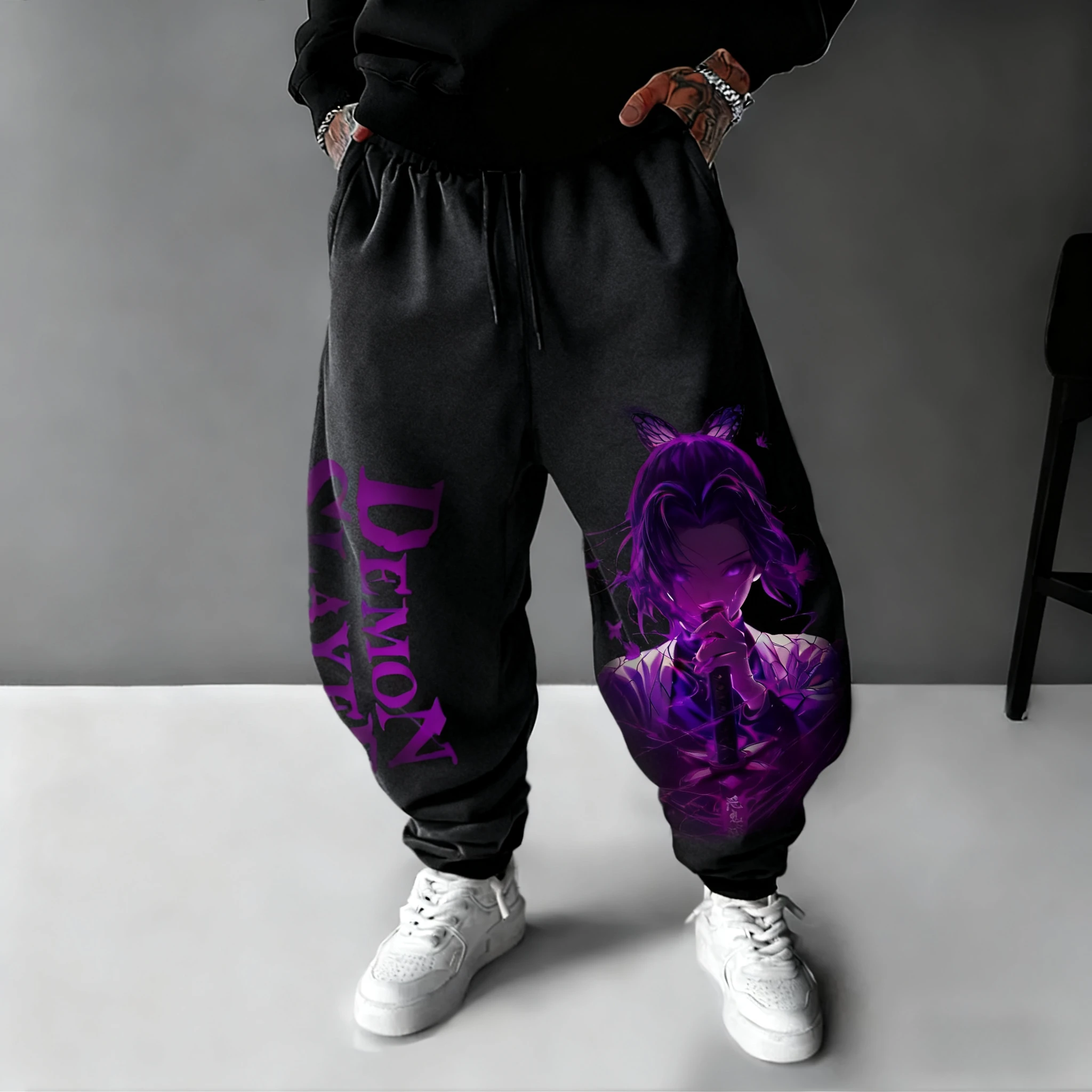 Calças de algodão demon slayer 2025 outono/inverno nova coleção kochou shinobu anime impresso masculino solto casual moda perna collants