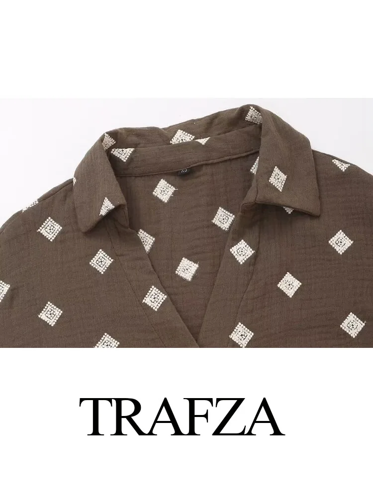 TRAFZA Women Elegant Print Town Down Collar Single Breasted Embroidered Shirts Female Summer Fashion Lapel Long Sleeves Blouse