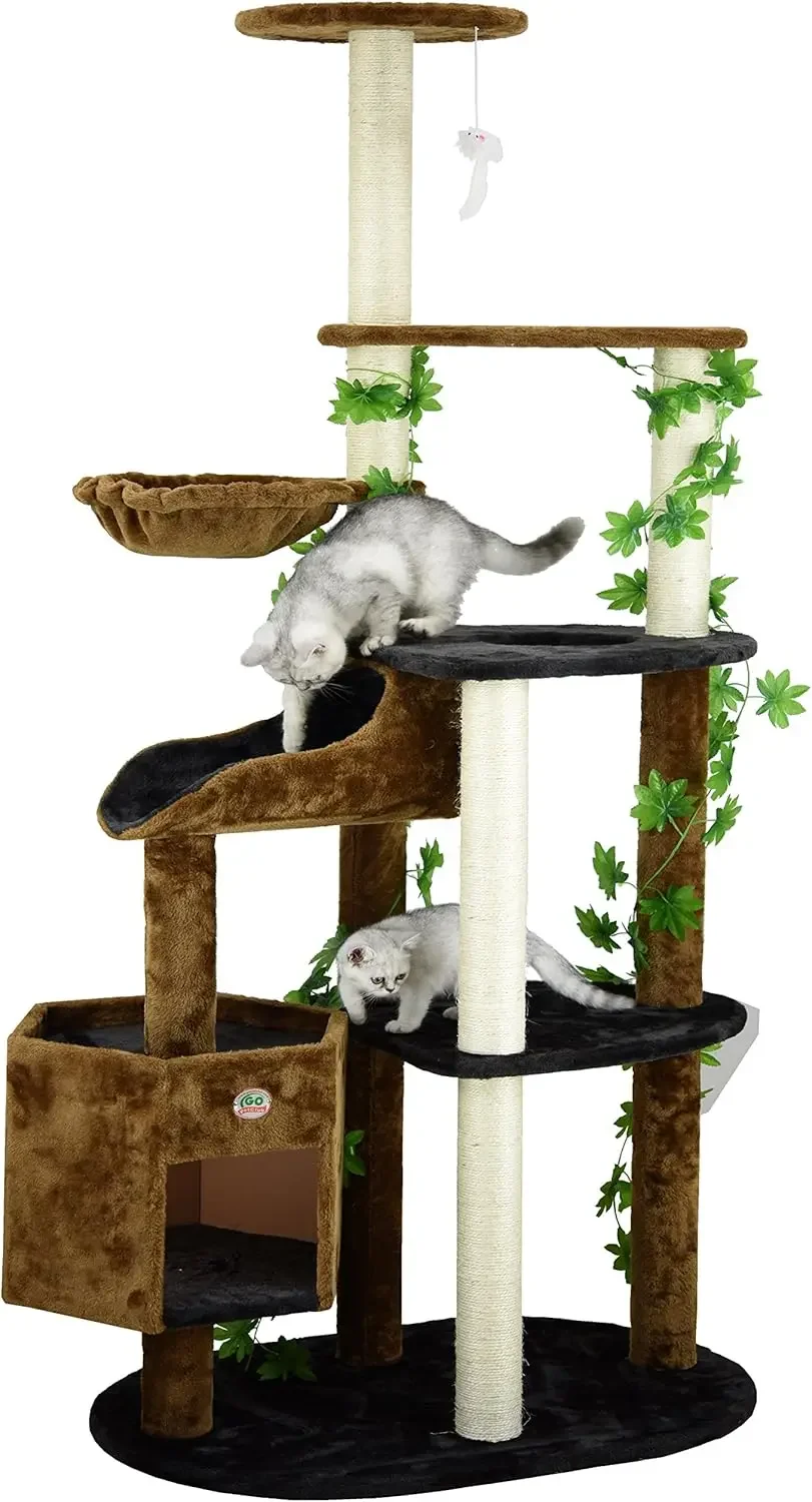 

Indoor cat with wooden cat tree, modern cat scratching tower with basket, hammock, hanging ball and leaves, rural brown