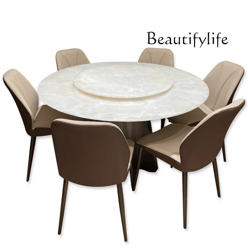 

Imported white ice jade natural marble round dining table high-end Italian minimalist white dining table