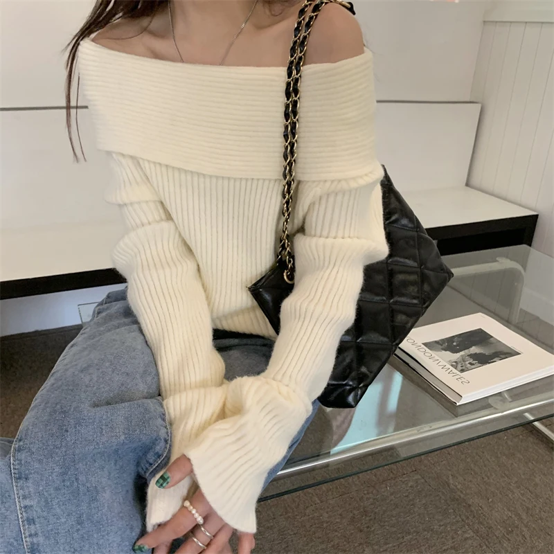 Sexy Slash Neck Off Shoulder Sweater for Women Spring Autumn Fashion New Casual Solid Color Long Sleeve Base Knitted Tops 31157