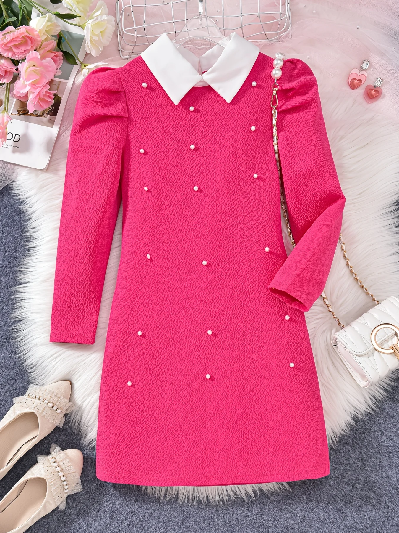 Girls Spring Summer Sweet Pearl Decorated Magenta Stand Collar Long Sleeve Dress