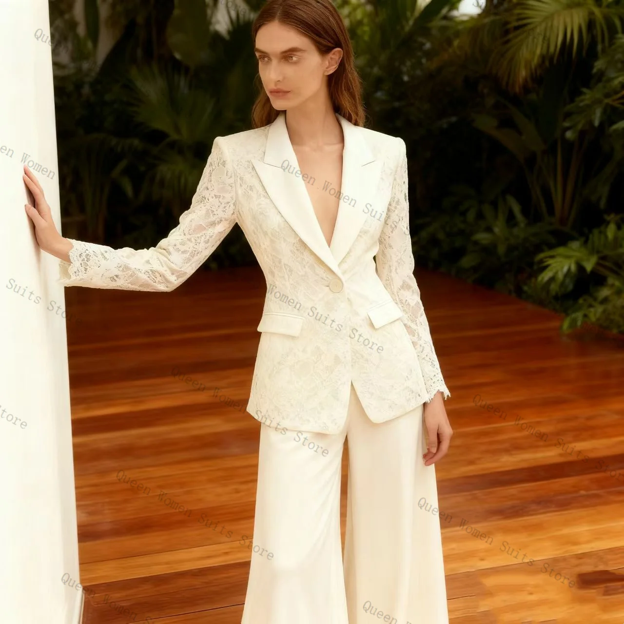 

White Lace Women Suit Pants Set 2 Pcs Blazer+Flare Trousers Prom Cotton Formal Office Lady Jacket Wedding Coat Customized