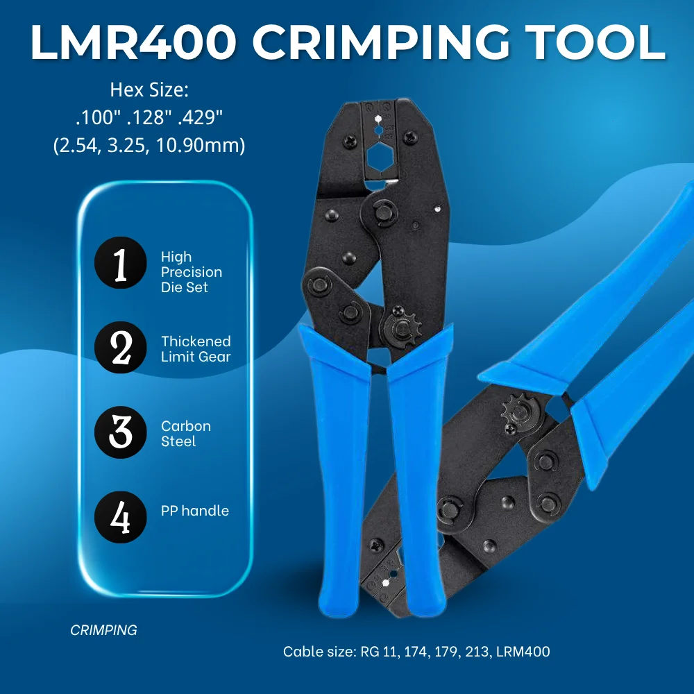 RF Coaxial Cable Crimper Pliers with 3 Hex Sizes .100 .128 .429, Crimp Tool for LMR400 RG11 RG8 RG174 RG316 Hand Crimper Tool