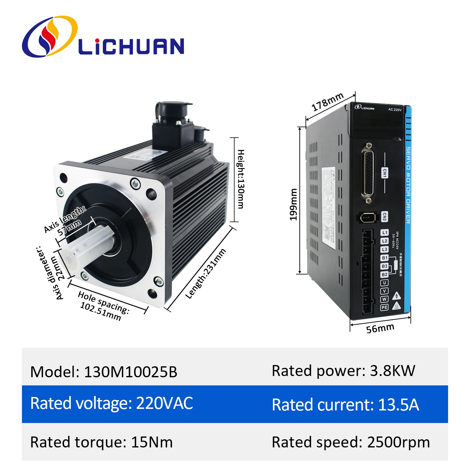 Lichuan 130mm 3.8KW AC220V Servo Motor Controller 15Nm 2500rpm AC Servo Kit 17bit Incremental Encoder with 3 meter cable