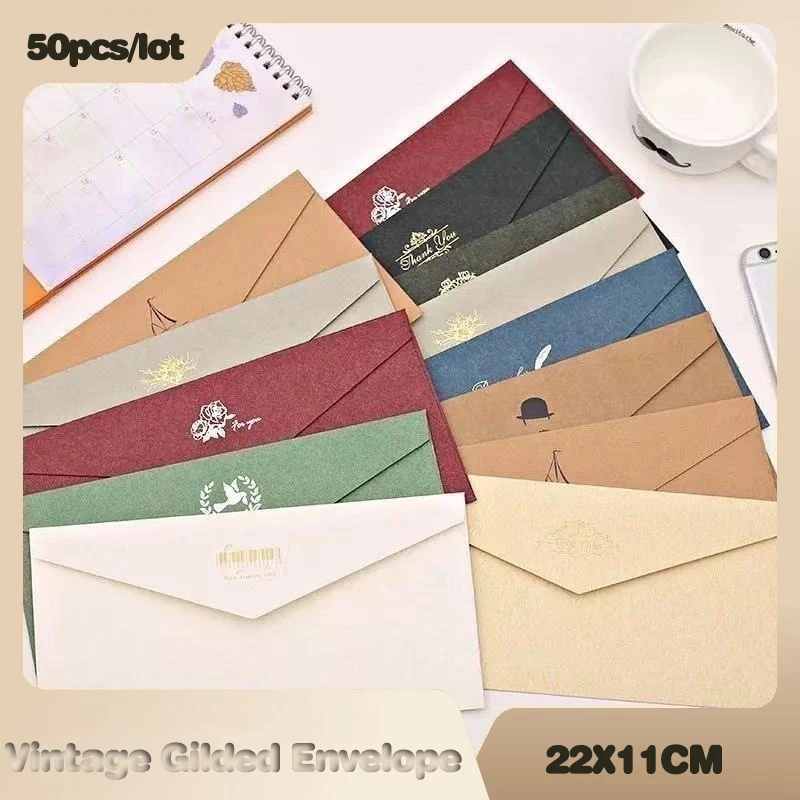 50pcs/lot Gilded Envelope 22x11cm Retro High-grade Western style Wedding Invitation Gift Packaging For Thank-you Letters Giftbox