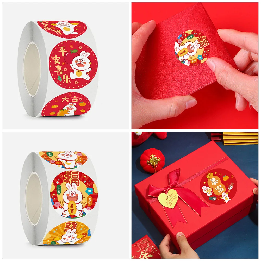 

4 Rolls Bunny Stickers Circle Decals Round Festive Envelop Seal New Year Adhesive Labels New Year Party Stickers