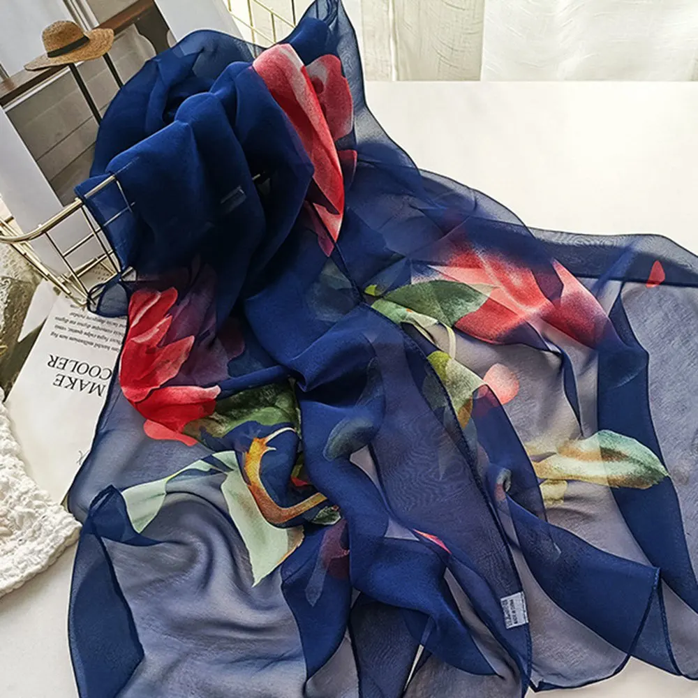Georgette-bufanda de gasa con estampado de flores rosas para mujer, chal largo y fino, suave, para playa