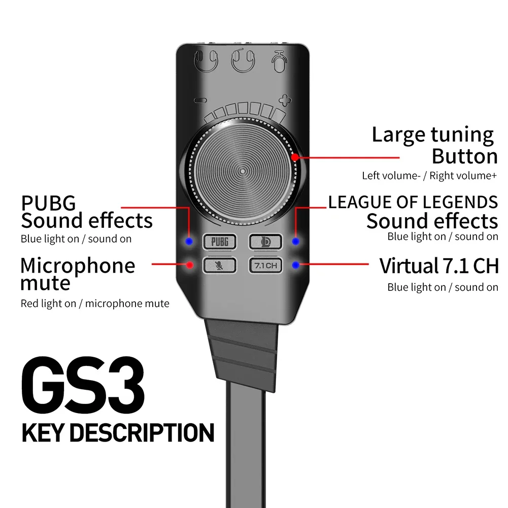 Новейший адаптер GS3 7.1-канальной звуковой карты, внешняя USB-аудиогарнитура, аудиоразъем, кабель-адаптер, переключатель громкости для ПК