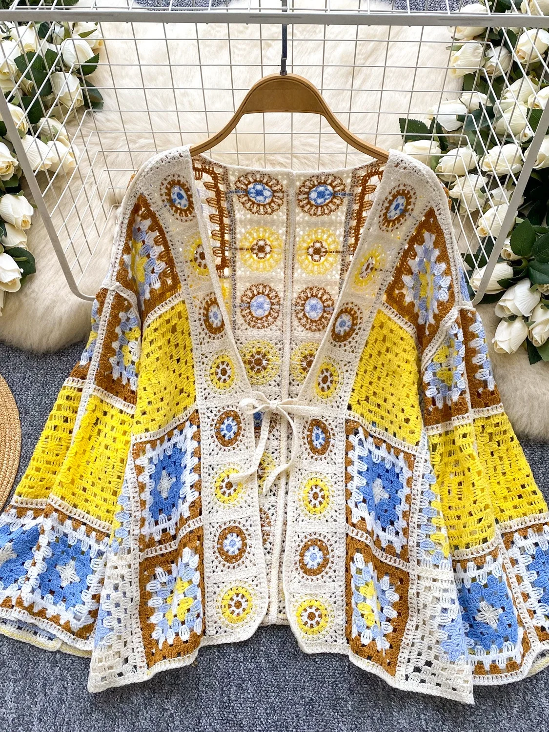 

n Sle Casual Open Cardigan Women's Lazy Loose Knitted Hollow out Hook Flower Scarf Coat Summer Commute Korean Loose ...