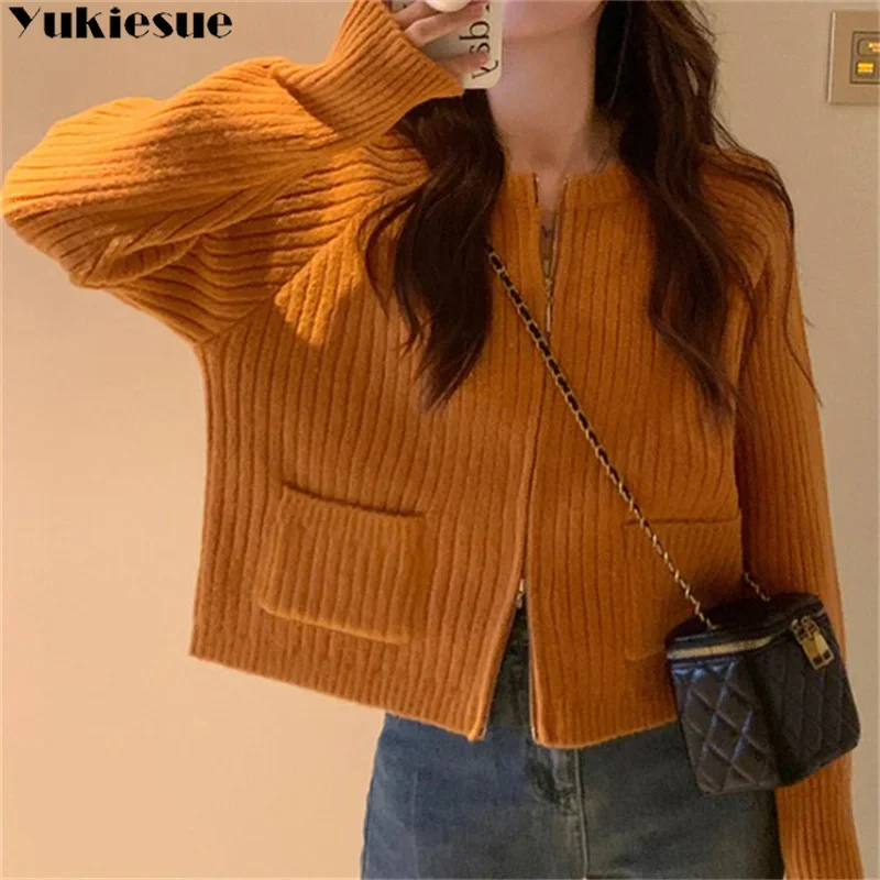 

Women Sweater 2023 Winter Soft Loose Knitting Fashion Korean Edition Zipper Pockets Simple Casual Pure Color Women Cardigan