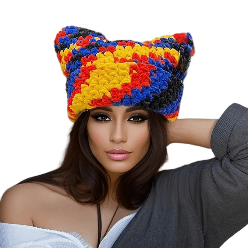 Modische Strickmütze mit Teufelshorn für Erwachsene und Damen, handgefertigte Nadelmütze aus dickem Garn, bunte Pullovermütze – Detail 3
