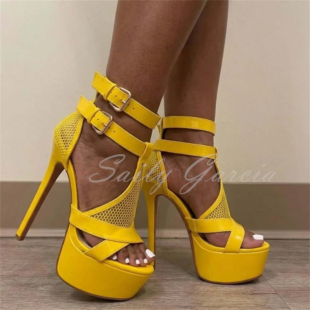 

Yellow Leather Platform Chunky Heel Sandals Women Sexy Open Toe Stilettos White Mesh Double Buckle Strap Party Dress Shoes