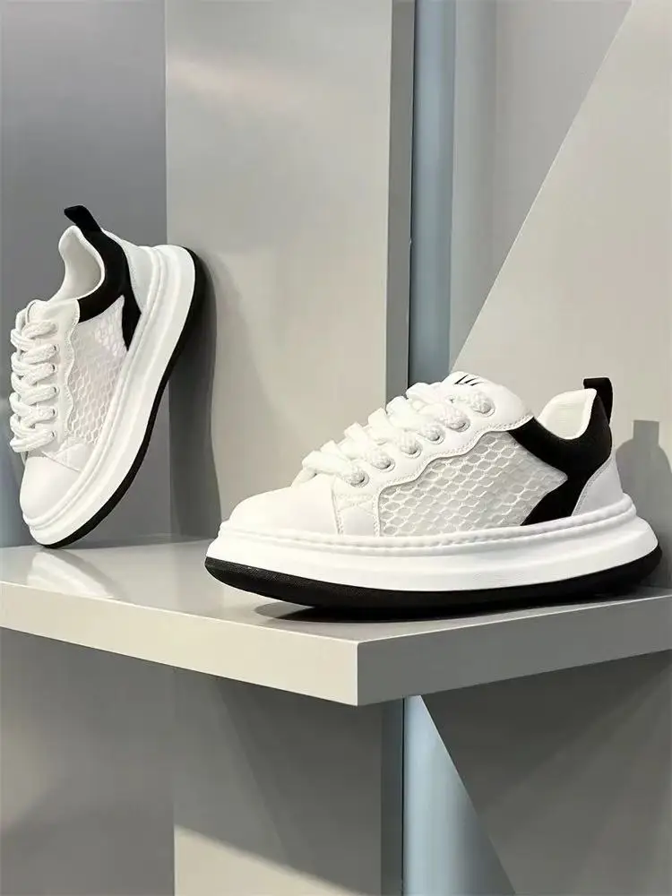 

Men's Breathable Mesh Sporty Casual Shoes Thin Design Versatile Summer Footwear Trendy White Dad Sneakers round Toe Rubber Sole