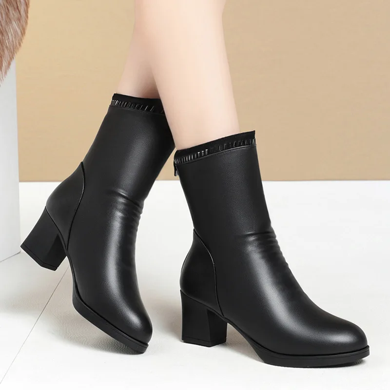 

6cm Fashion Comfortable Block Heel Mid Calf Boots Platform Shoes Winter 2026 Women's Soft Leather Boots Warm Fur Motorcycle Boot