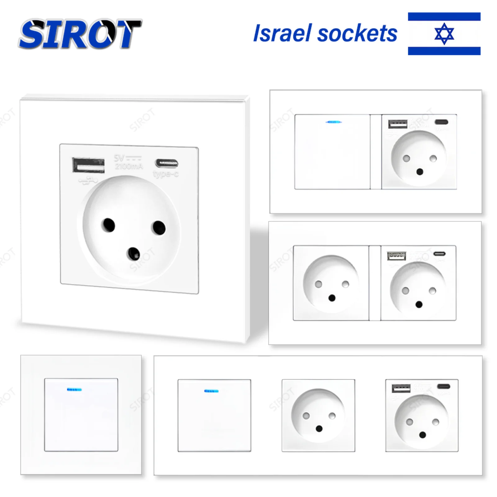 SIROT Israel Wall Socket Power,5V 2.1A USB Type-C Mobile Phone Charging Port,White Israel Standard Switch and Socket Combination