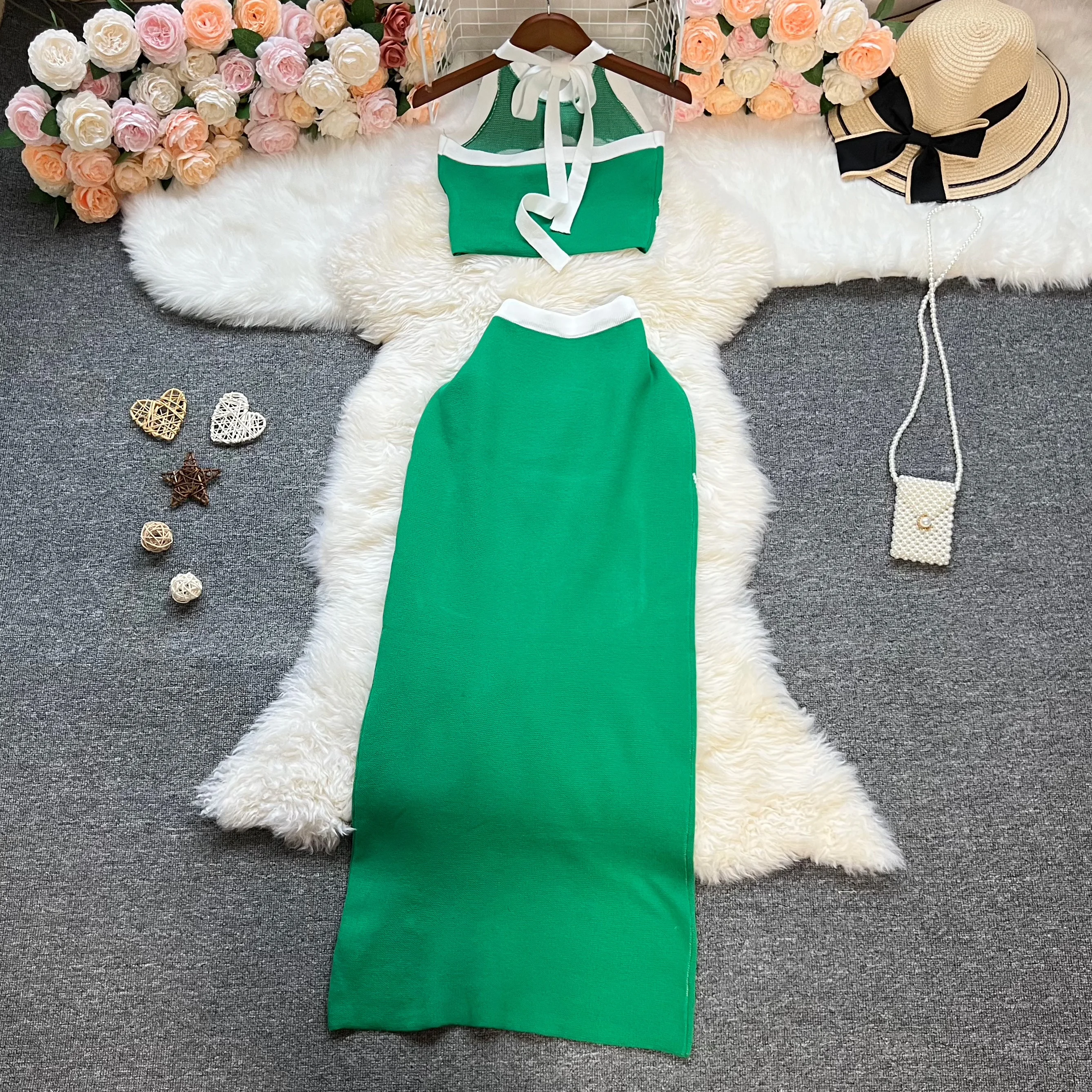 Marca YuooMuoo, trajes de punto de dos piezas a la moda para mujer, moda elegante Y2K, Top corto y falda larga envolvente a la cadera, ropa de calle, trajes para mujer