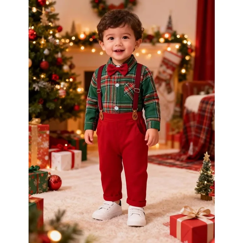 

Baby Boy Christmas Suit Set - Formal Vest with Suspenders&Bow Tie for Toddler Holiday Party&Wedding.navidad conjuntos para niños