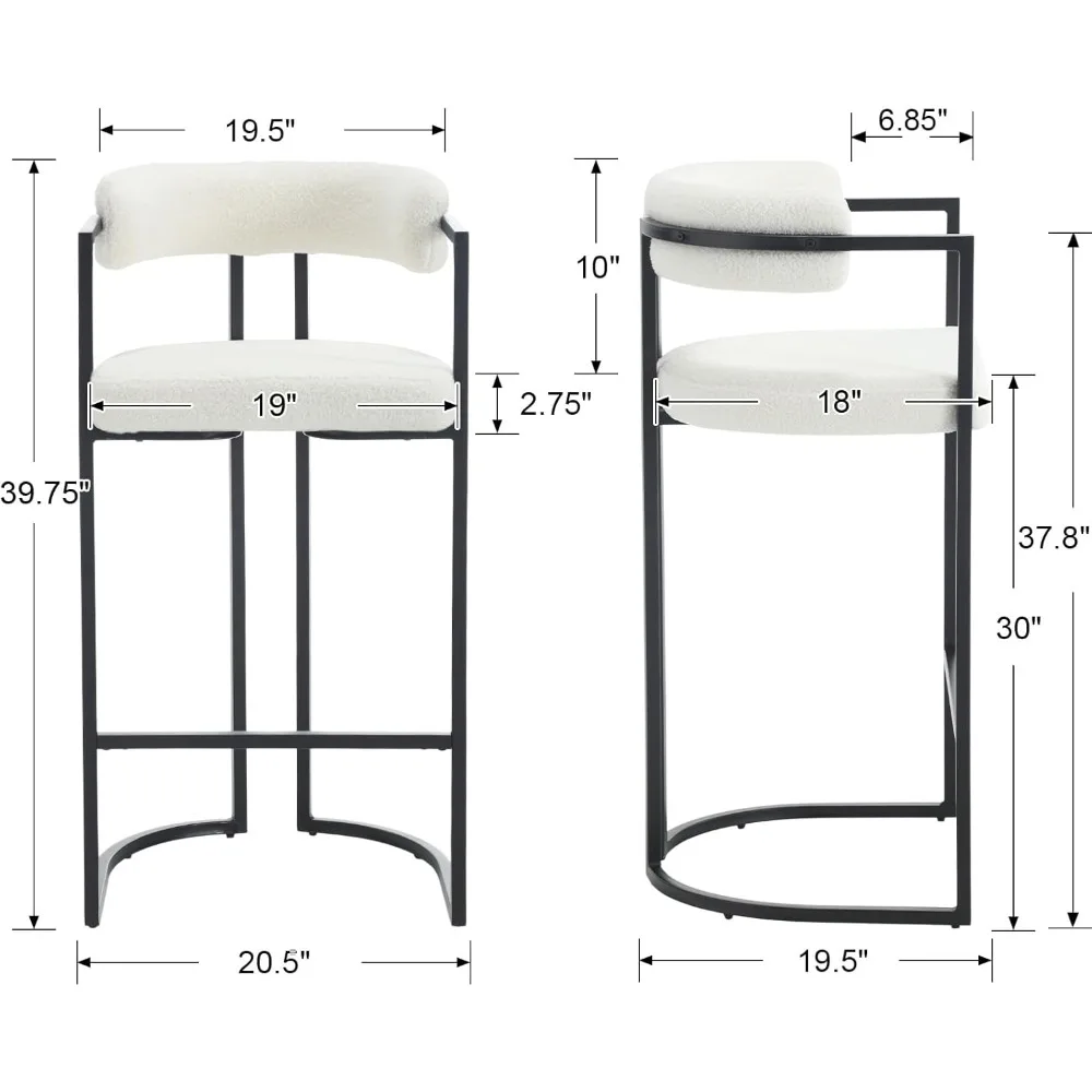Set Kursi Bar Sherpa 30 Inci (2 Buah), Kursi Bar Modern Putih dengan Sandaran Nyaman, Kursi Makan Tinggi Berlapis Kain dengan Kaki Hitam