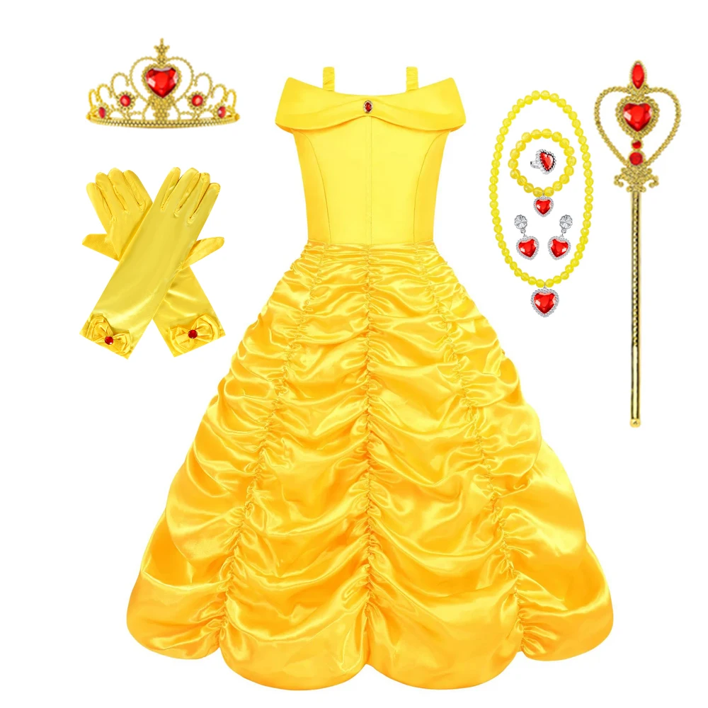 Belle Costume Girl Princess Yellow Dress Halloween Beauty and The Beast Costumes Girls Birthday Party Children Clothing Gown