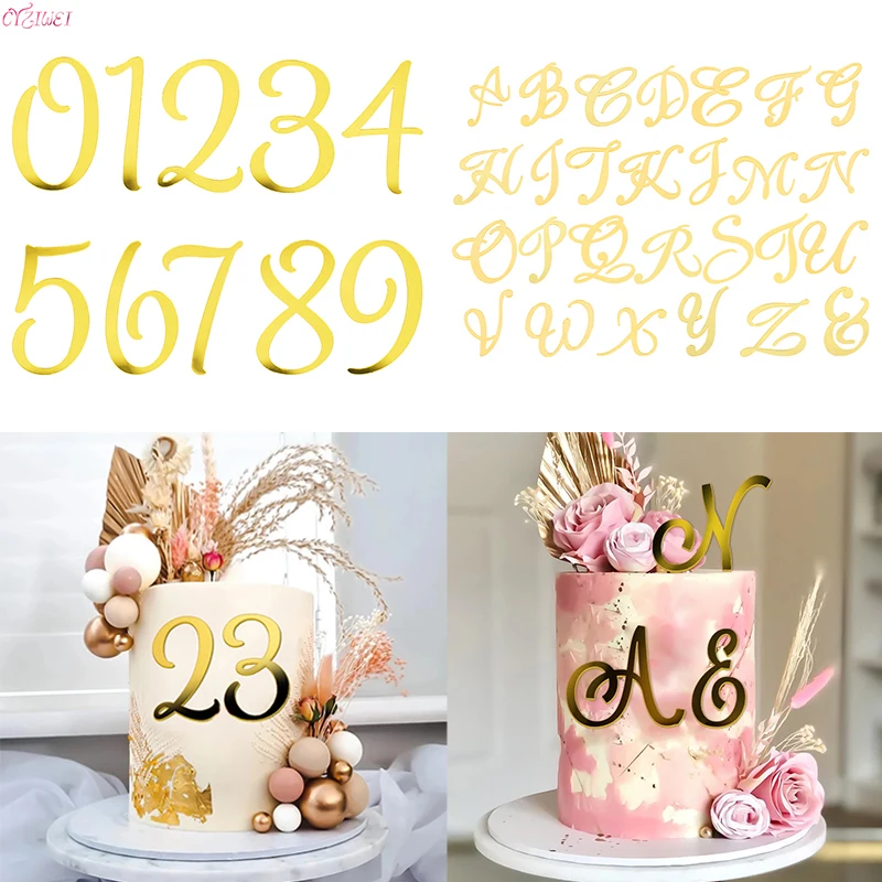 

Golden Mirror Acrylic English Letter Alphabet Cake Decor DIY Personalise Name Cake Topper For Wedding Birthday Party Cake Decor