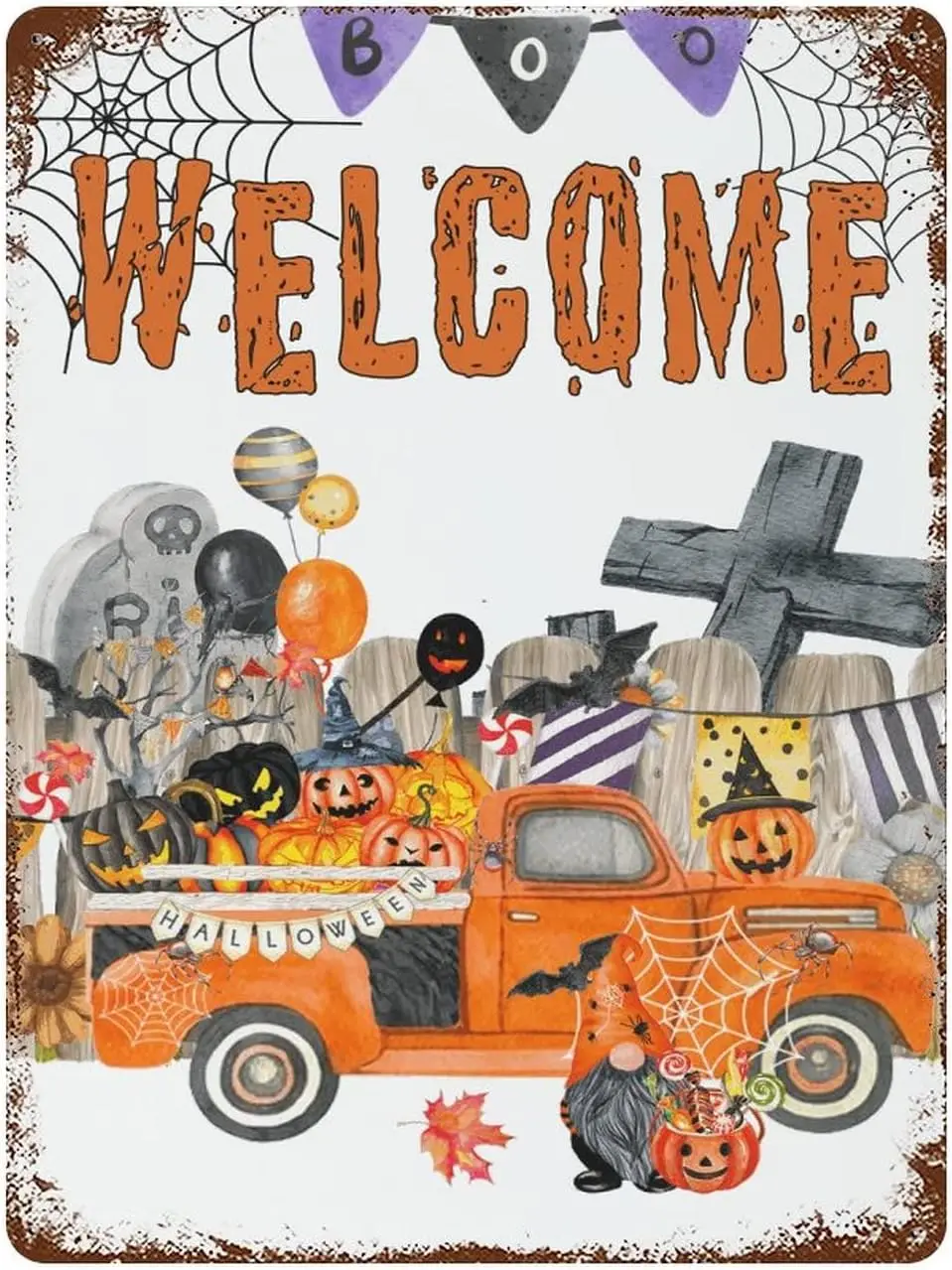 Metallschilder Personalisierte Outdoor-Willkommensschilder Halloween Kürbis-Zwerge Boo Spinnennetz Fledermaus Schild Feiertagsdekorationen aus Zinn