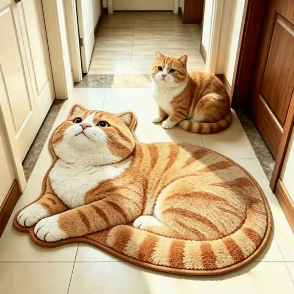 Soft Surface Cat Shape Floor Mat Crystal Velvet 2D Printed Entryway Door Mat Cool Floor Barrier Easy Clean Bedside Carpet