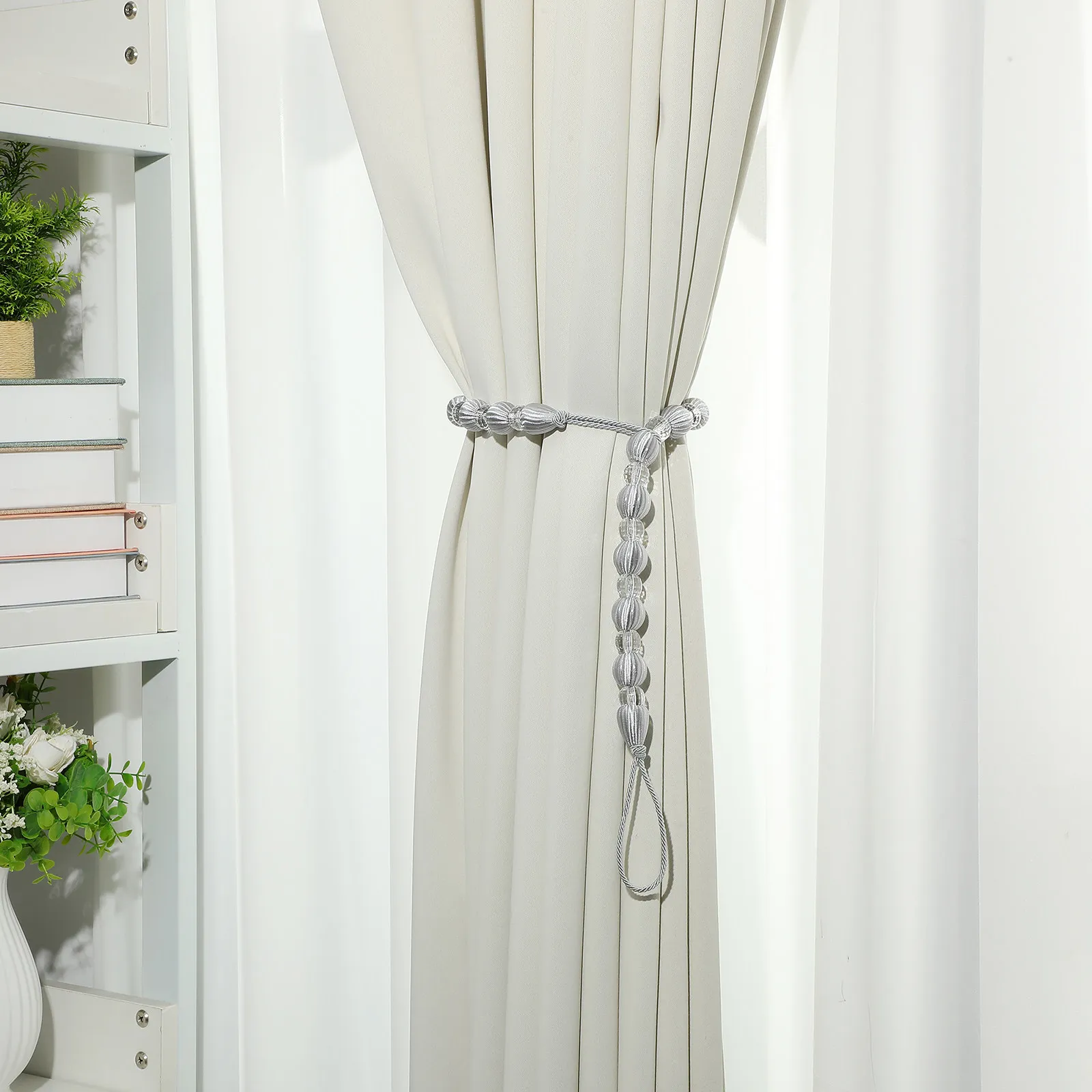 2Pcs Crystal Bead Curtain Tiebacks Silver White Acrylic Drape Rope Holdbacks Home Window Decoration Heavy Light Curtains