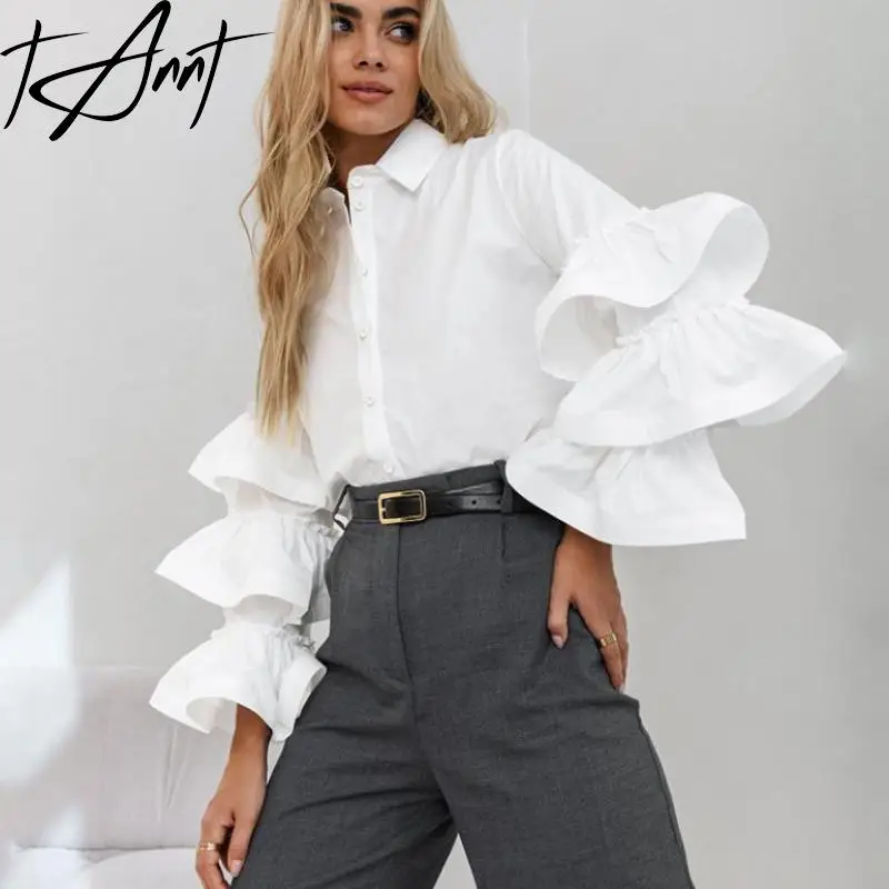 Tannt Women Shirt Butterfly Sleeve Fashion White Khaki Casual Shirts Blouses Long Sleeves Cotton Blouses Tops Women 2023 New