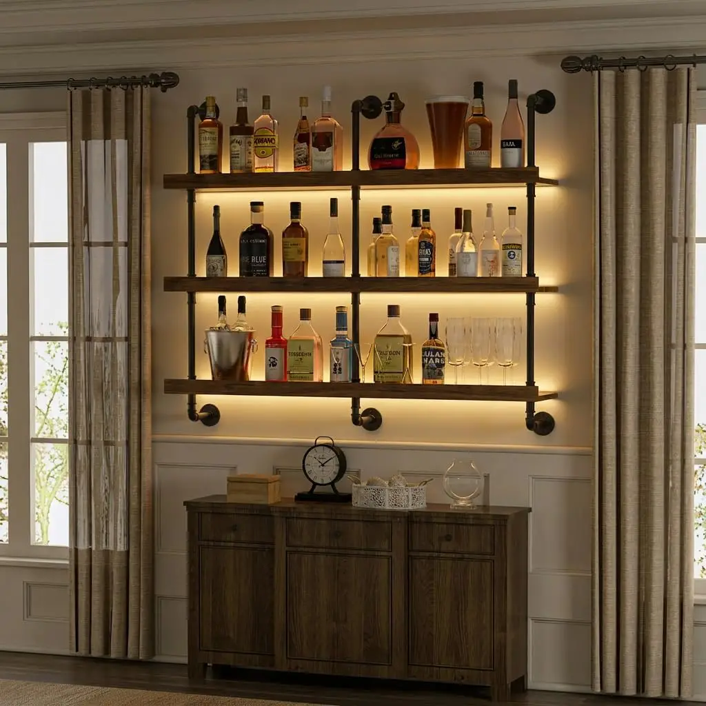 Wall Mounted Wine Rack With LED Light Three Tier Floating Bar Shelf For Liquor Bottle Display Storage Modern Wine Holder Organizer For Kitchen Home Bar Dining Room Black view 3