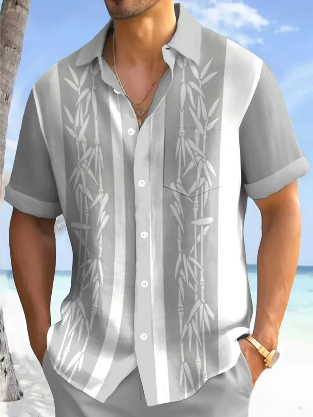 Minimalist Bamboo Printed Shirt with A Cool and High-end Feel, Suitable for Men's Daily Commuting and Loose Short Sleeved Top