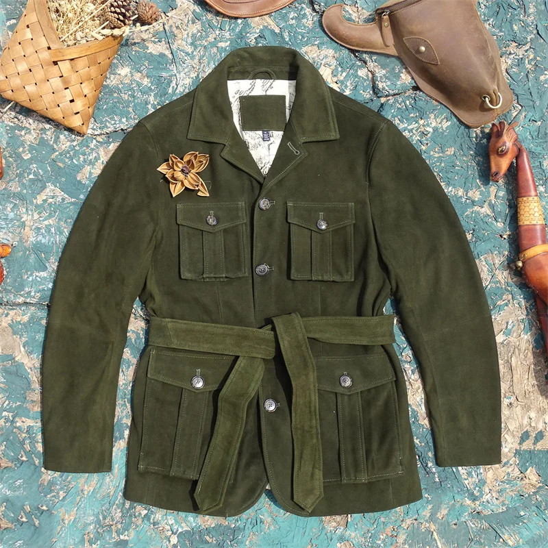 

Original Version! Sari Jaet Hunting Coat Velvet ain Genuine Goat Skin Leather Men's Faion Urban Sle Workwear Flip C...