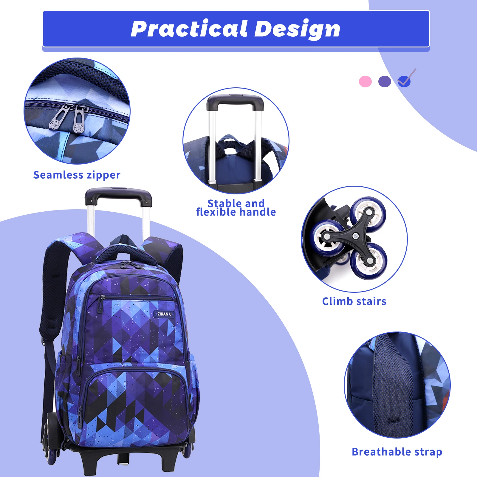 School Bag With Wheels Rolling Backpack for Boy Wheeled School Bag 6 Wheels Trolley Bookbag Carry on Luggage with Lunch Bag