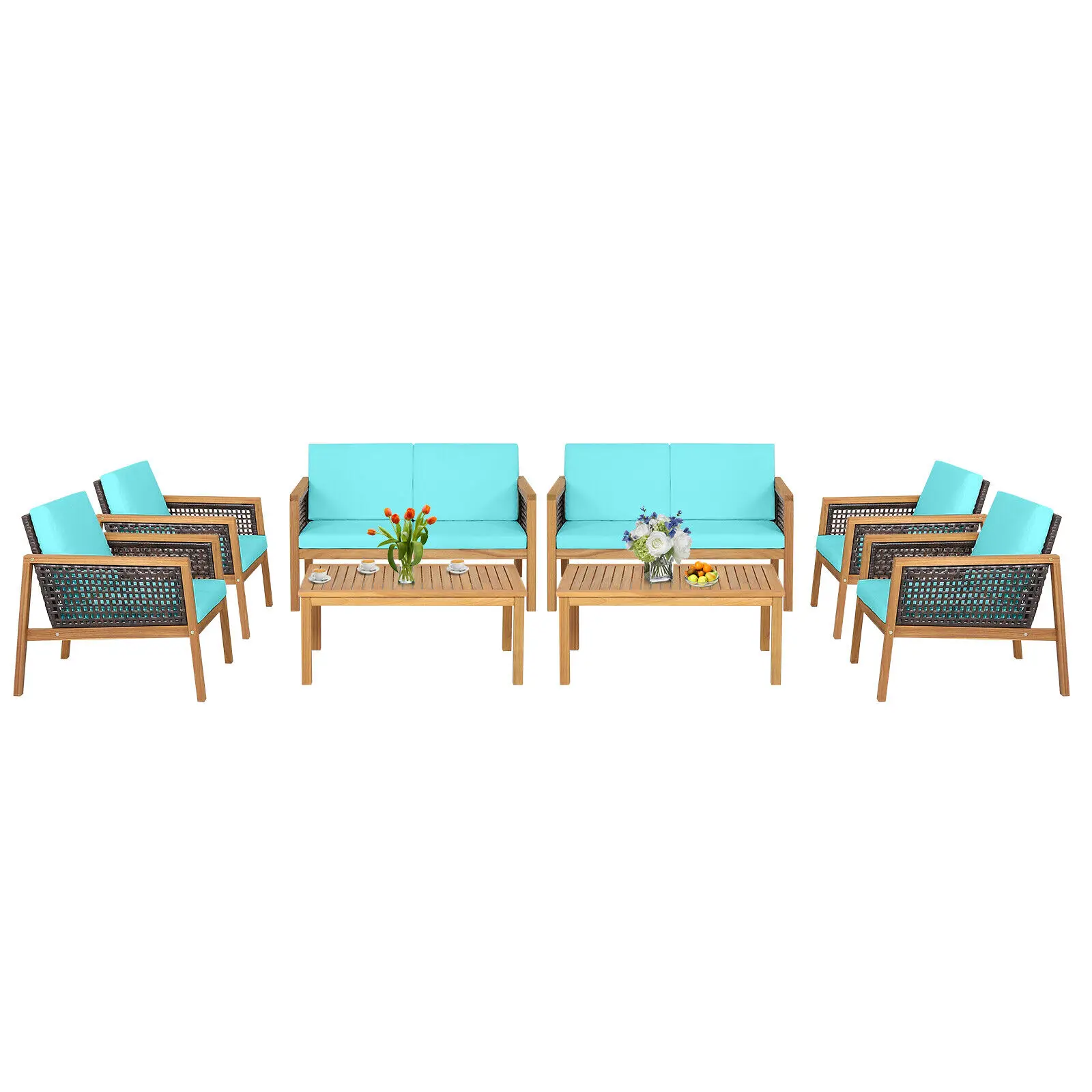 

Costway 8PCS Patio Rattan Furniture Set Acacia Wood Cushioned Sofa Turquoise